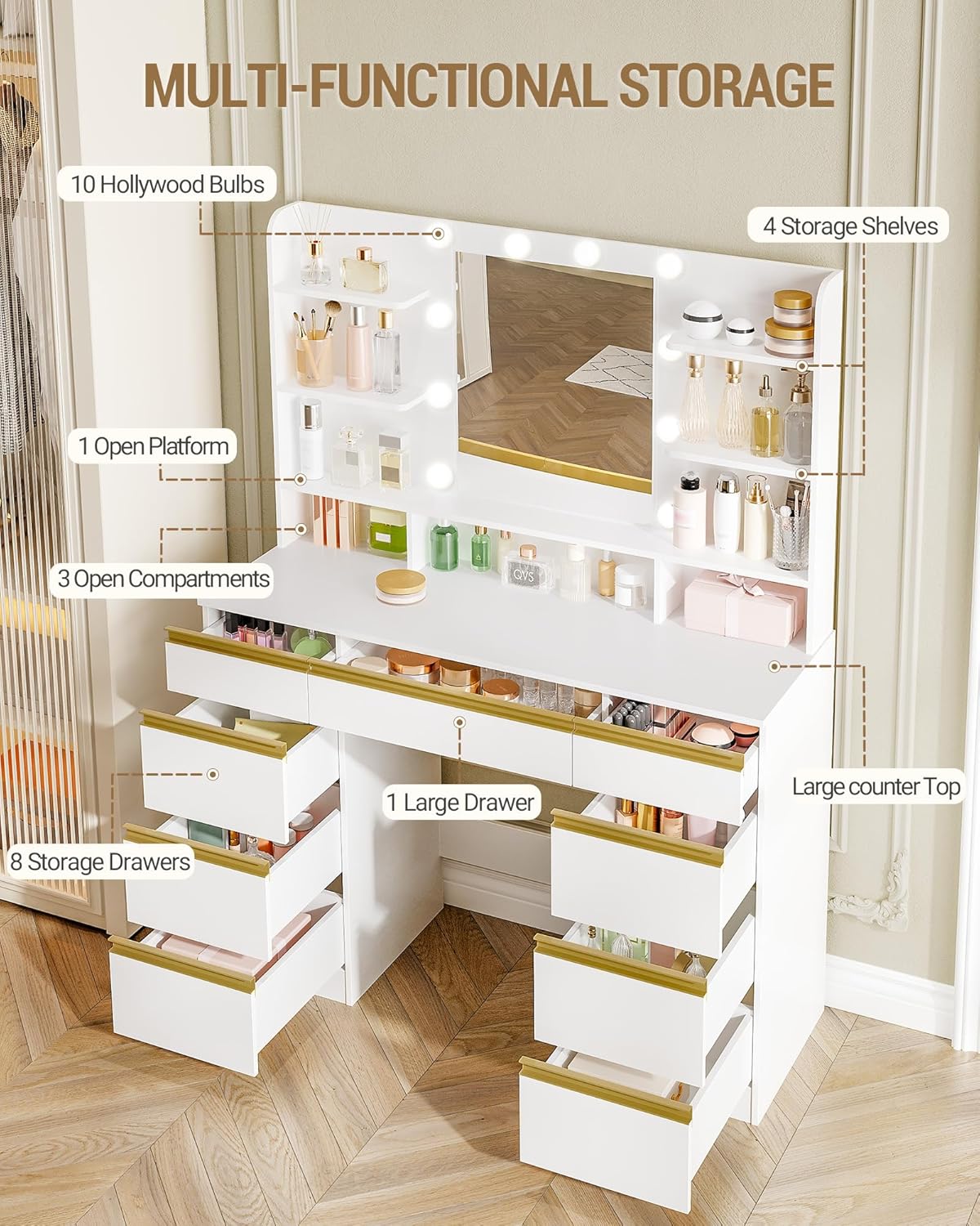 Hzuaneri Toaletka z 10 Kloszami Led, 3 Kolory, Regulowana Jasność, Duże Lustro Hd, 1 Duża Szuflada i 8 Małych Szuflad, 9 Otwartych Schowków, Biała DT35703X