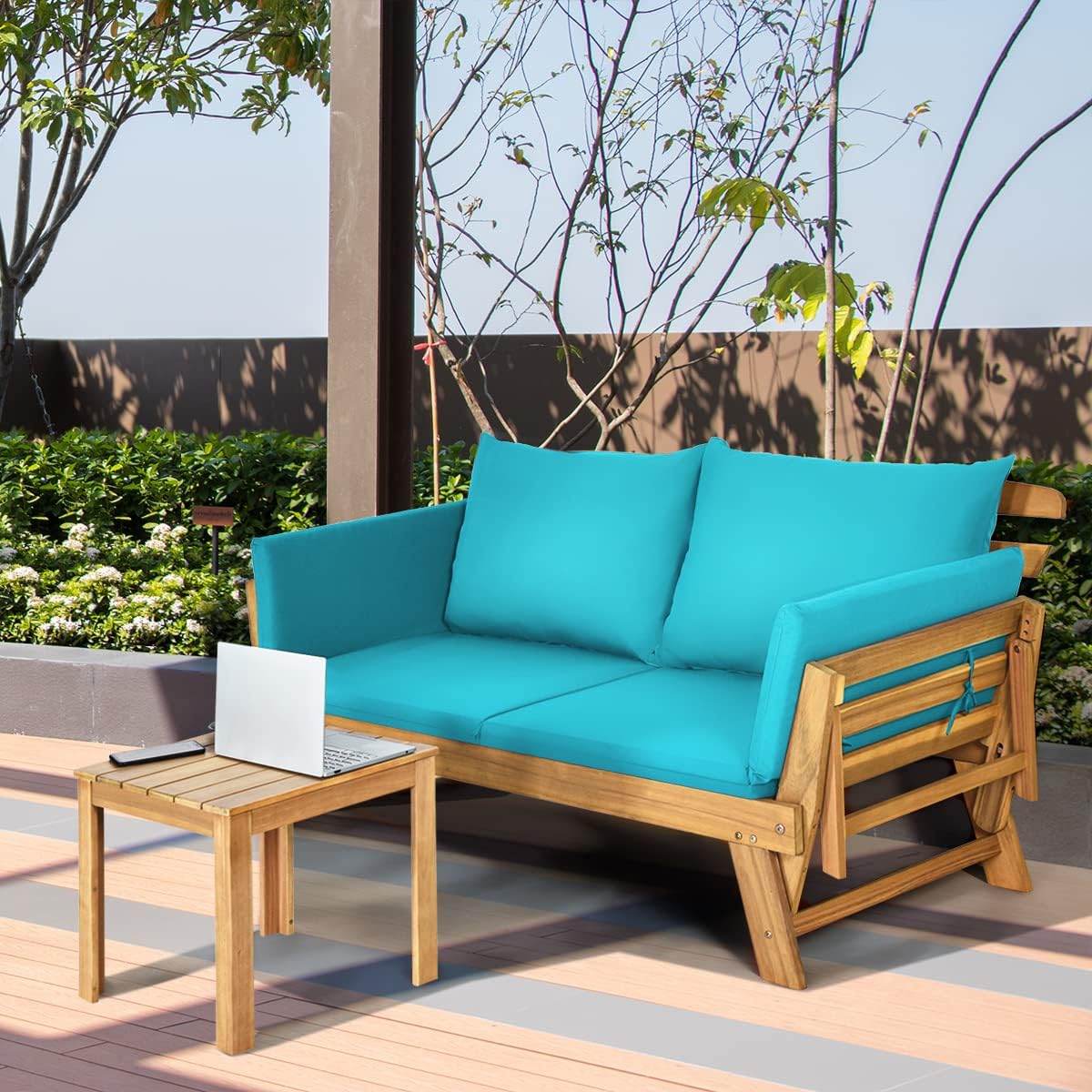 COSTWAY Ławka ogrodowa z funkcją leżenia, sofa ogrodowa z poduszkami i składanym podłokietnikiem, ławka balkonowa z drewna akacjowego, sofa balkonowa, sofa ogrodowa do ogrodu, na taras, balkon, 198 x
