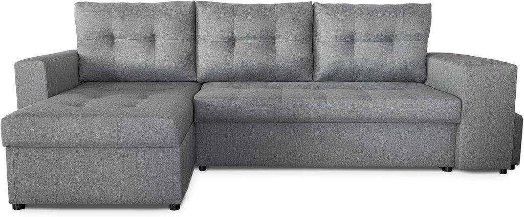NAWSTOL - Sofa narożna Leon z funkcją spania i skrzynią na pościel – nowoczesna sofa do salonu – możliwość montażu z lewej lub prawej strony (szara + biała sztuczna skóra)